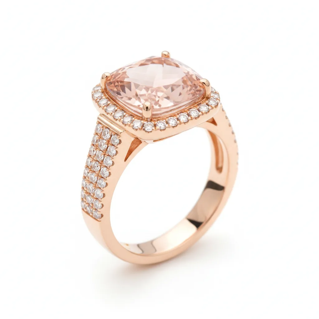 AI-generated rose gold pavé ring with a cushion cut morganite