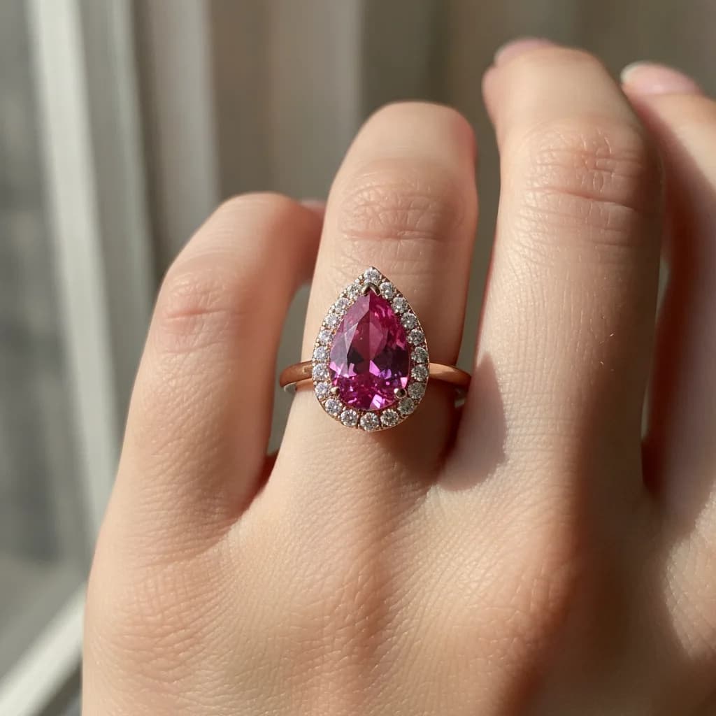 AI-generated rose gold pink sapphire halo ring worn on a hand