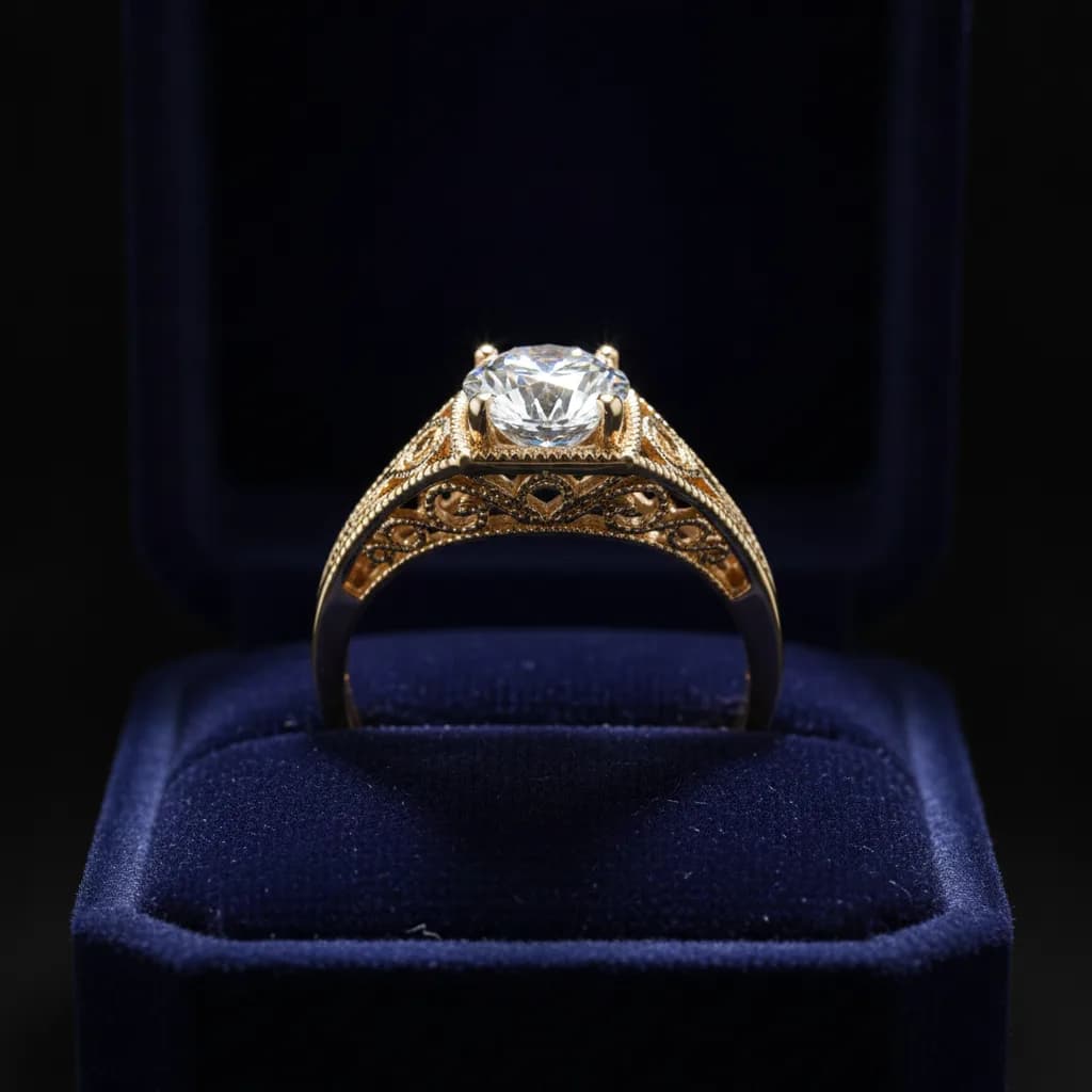 AI-generated vintage yellow gold diamond ring with filigree in a velvet ring box
